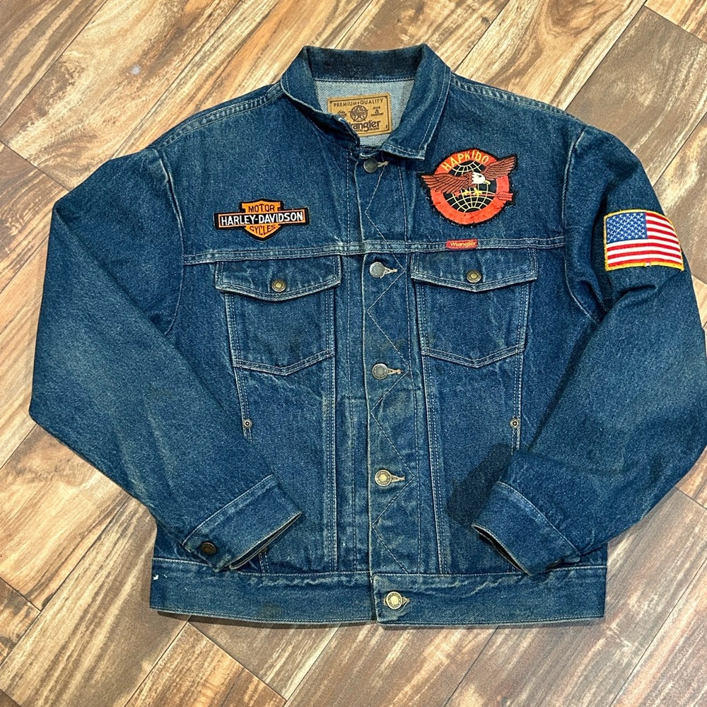 Vintage Wrangler Red Tag Denim Jacket W/ Harley Patches Fits Like Small